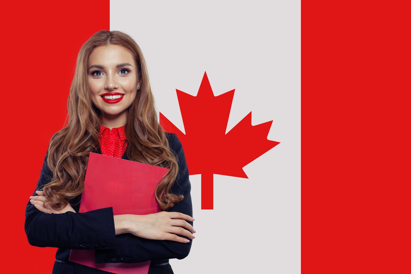 Canada concept. Young woman student with the Canada flag. Live, work, education and internship in Canada